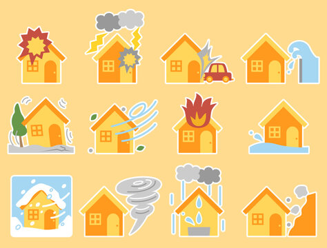 火災保険の挿し絵などに使える災害をイメージしたイラストのセット　白フチ付きバージョン