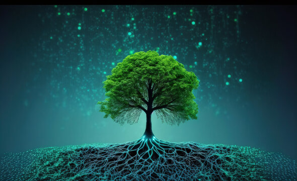 A beautiful large tree growing on the micro chip computer circuit board showing concept of digital business CSR and ethics . Sublime Generative AI image .