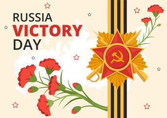 Obraz premium Russian Victory Day on May 9 Illustration with Medal Star Of The Hero and Great Patriotic War in Flat Cartoon Hand Drawn for Landing Page Templates