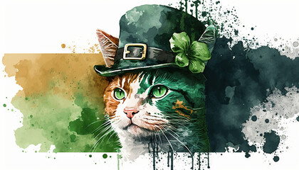 St. Patrick's Day celebration background in watercolor style. Leprechaun cat in green hat Generative ai