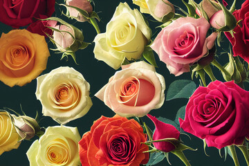 Ravishing realistic detail intricate beauty of vivid multicolor rose bouquet and garden background. Flower and floral greenery background for beauty perfume product by Generative AI.