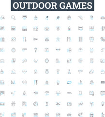 Outdoor games vector line icons set. Sports, Ballgames, Lawngames, Tag, Frisbee, CapturetheFlag, Volleyball illustration outline concept symbols and signs