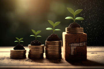 Fototapeta na wymiar Seedlings are growing on the Coins stack with cubes, business growth, profit, and success development to achieve the target. Strategic planning, created with Generative AI