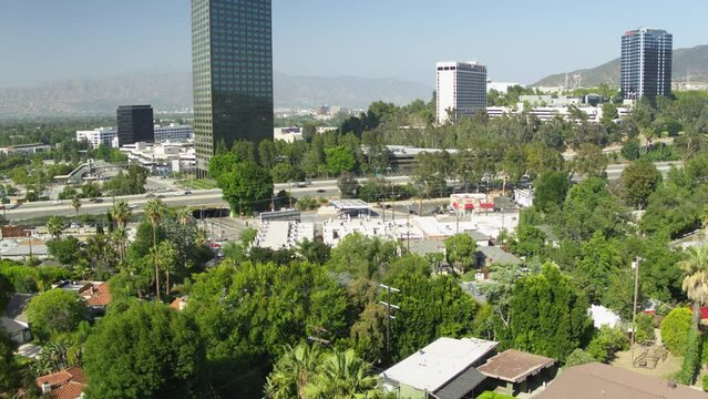 Aerial Drone Shot of Houses in Hollywood Hills with Freeway in Background