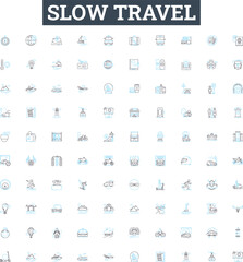 Slow travel vector line icons set. Slow, Travel, Sustainable, Ecotourism, Responsible, Community-based, Local illustration outline concept symbols and signs