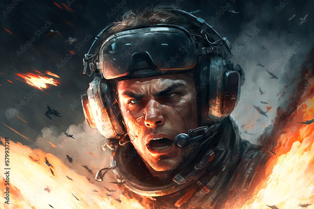 Wall mural portrait of male pilot in cockpit of a military aircraft. concept of air combat in war. generative a