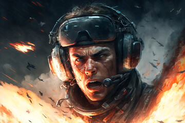 portrait of male pilot in cockpit of a military aircraft. Concept of air combat in war. Generative AI illustration