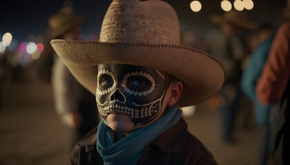 Mexican in a Mexican Sugar Skull mask at the Day of the Dead festival. Dia de los muertos, Mexican holiday of the dead and halloween. Generative AI