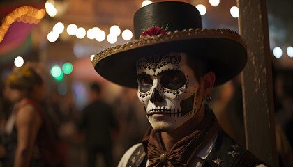 Mexican in a Mexican Sugar Skull mask at the Day of the Dead festival. Dia de los muertos, Mexican holiday of the dead and halloween. Generative AI
