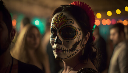 Mexican in a Mexican Sugar Skull mask at the Day of the Dead festival. Dia de los muertos, Mexican holiday of the dead and halloween. Generative AI