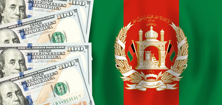 Dollars On Flag Of Afganistan, Afgan Finance, Subsidies, Social Support, GDP Concept