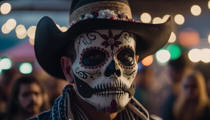 Mexican in a Mexican Sugar Skull mask at the Day of the Dead festival. Dia de los muertos, Mexican holiday of the dead and halloween. Generative AI