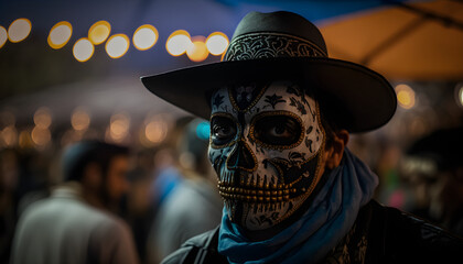 Mexican in a Mexican Sugar Skull mask at the Day of the Dead festival. Dia de los muertos, Mexican holiday of the dead and halloween. Generative AI
