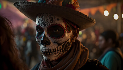 Mexican in a Mexican Sugar Skull mask at the Day of the Dead festival. Dia de los muertos, Mexican holiday of the dead and halloween. Generative AI