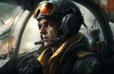 male pilots in cockpit of military aircraft at war. Generative AI illustration