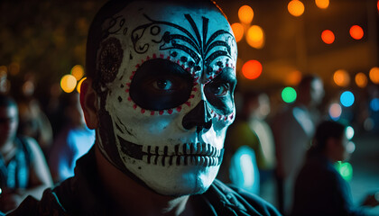 Mexican in a Mexican Sugar Skull mask at the Day of the Dead festival. Dia de los muertos, Mexican holiday of the dead and halloween. Generative AI