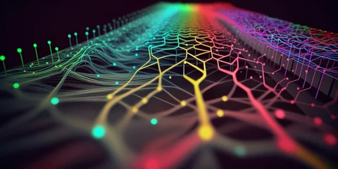 Foto op Plexiglas Fractale golven Stream of interlaced strings in a big data field. A 3D representation of wavering cyberspace. Generative Ai.