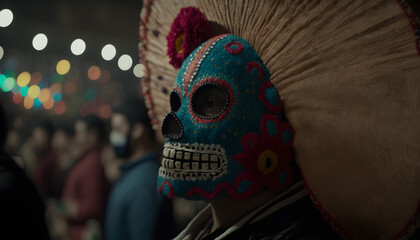 Mexican in a Mexican Sugar Skull mask at the Day of the Dead festival. Dia de los muertos, Mexican holiday of the dead and halloween. Generative AI