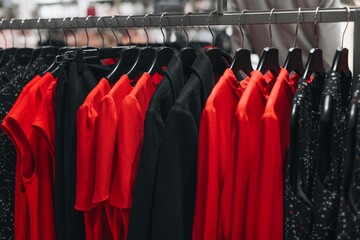 Red and black women's clothes hanging on a hanger in a row