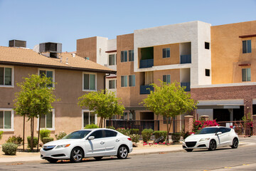 Afternoon sunlight shines on urban core of downtown Imperial, California, USA.