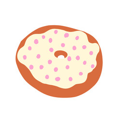 Donut ring in cartoon flat style. Pink balls sprinkles on a vanilla cream with toasted base. Sweet bakery. Colorful candy for party and shop. Doughnut. Vector illustration isolated on white background