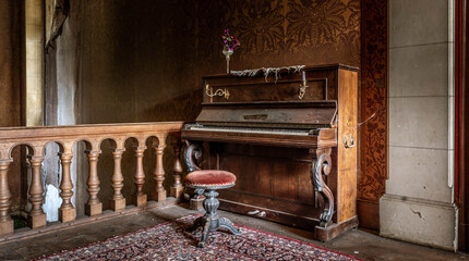 URBEX piano et tabouret dans un château abandonné