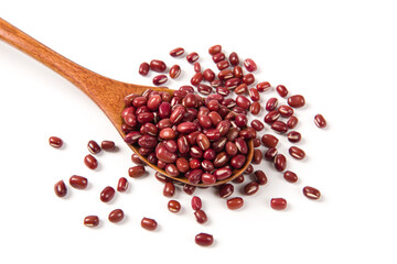 Raw red bean or azuki beans seeds on spoon isolated on white background