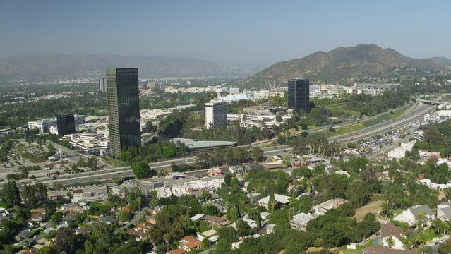 Aerial Drone Shot of Houses in Hollywood Hills with Freeway in Background