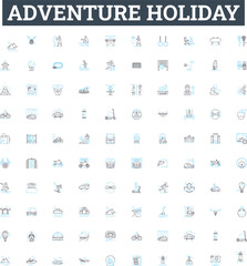 Adventure holiday vector line icons set. Voyage, Expedition, Trek, Tour, Holiday, Camp, Journey illustration outline concept symbols and signs