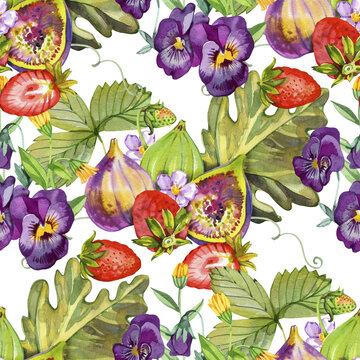Seamless pattern with hand painted watercolor strawberry inspired by summer garden. Colorful fruit background perfect for fabric textile, sweet fruit menu or digital scrapbooking