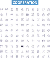 Cooperation line icons, signs set. Collaboration, Accord, Alliance, Union, Consensus, Compromise, Amity, Affinity, Truce outline vector illustrations. - obrazy, fototapety, plakaty