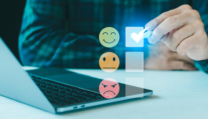 Businessmen touching on happy smile relax face , good feedback rating, thinking positive, customer review, assessment, satisfaction,  Calm mood, good mental health, good mood, world mental health day