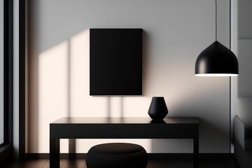 modern living room with a black canvas, lamp and table, abstract gentle background for product presentation created with generative ai