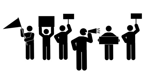  Protestors with placards. Black silhouettes. Vector illustration