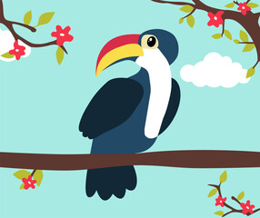 Cute cartoon toucan sitting on a branch over blue sky