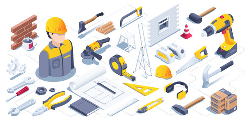 isometric vector illustration isolated on white background, construction tools and materials icon set, work equipment