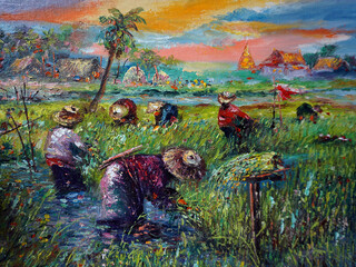  Art painting oil color farmer Thailand Grow rice , Transplant rice seedlings , rural life , rural thailand    