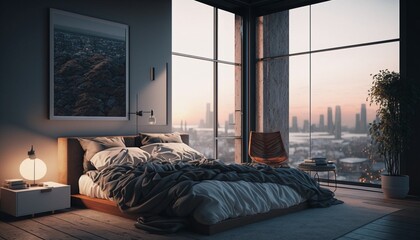 Modern bedroom with a view of the city. AI Generated
