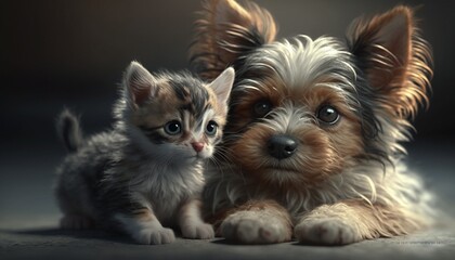 Little dog and little cat in the love. AI Generated