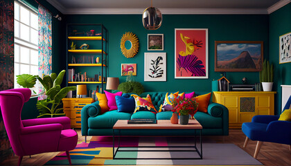 A Bold and Colorful Living Room That Celebrates Life, Generative AI