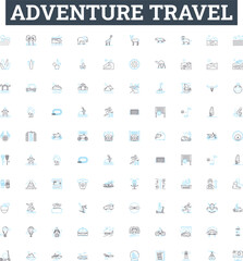 Adventure travel vector line icons set. Adventure, Travel, Expedition, Trekking, Exploring, Backpacking, Canoeing illustration outline concept symbols and signs