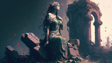 The statue of goddess sitting alone in the ruin city, Digital Art Style, Generative AI