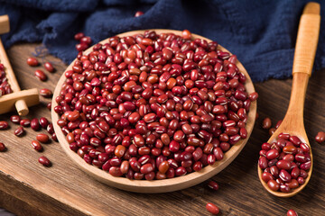 Azuki beans or red beans on wooden table