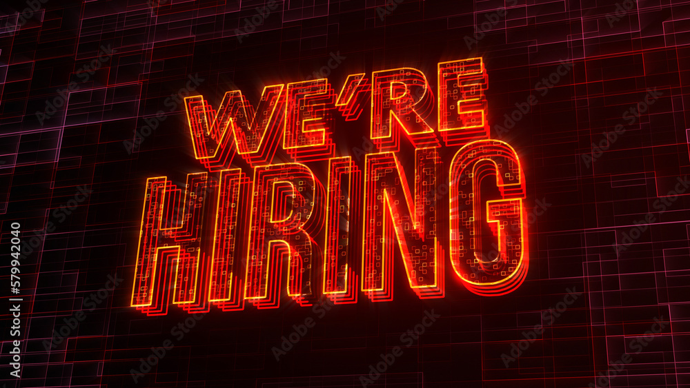 Poster futuristic red shine 3d perspective view we are hiring text lines with square dots fractal digital t