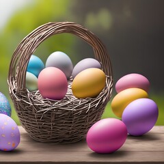 An enchanting image of Easter eggs in a rustic basket, resting on a wooden board, generative AI