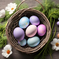 A mesmerizing image of Easter eggs arranged in a basket, generative AI