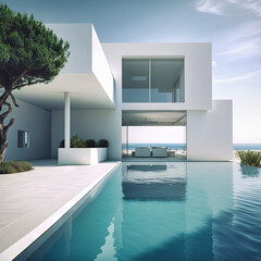 Amazing modern beach house, beach villa. Architectural exterior design. Inspiration, concept for designers and architects. Generative AI