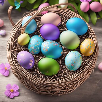 A stunning image that captures the essence of Easter, with a basket of intricately decorated eggs perched on top of a wooden board, generative AI