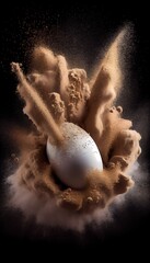 The intricate details and explosive effect of an egg falling onto sand create a visually stunning and imaginative scene, generative ai
