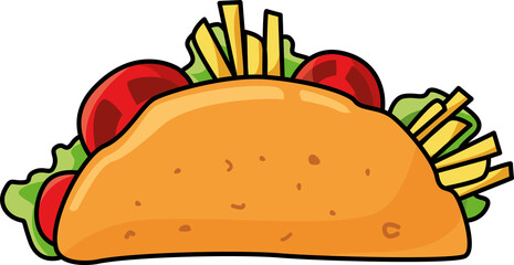 Mexican taco traditional mexican fast-food. Cartoon, doodle colored png illustration of Taco Mexico food with meat and vegetables. Mexican beef taco. Isolated object